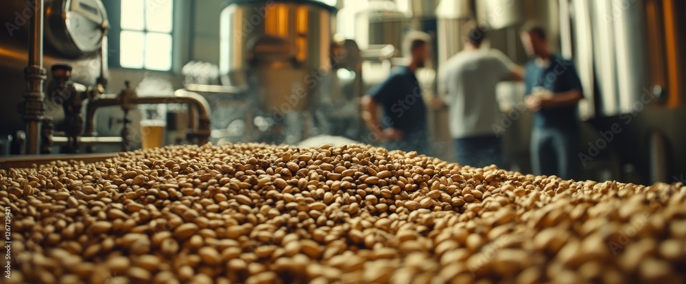Brewery malt grains, workers blurred background. Craft beer production Brewery malt grains, workers blurred background. Craft beer production