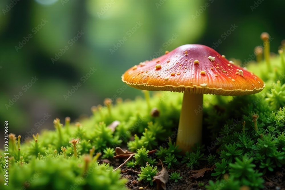 Mossy parasol mushroom caps sprawling on forest floor, moss, wild Mossy parasol mushroom caps sprawling on forest floor, moss, wild