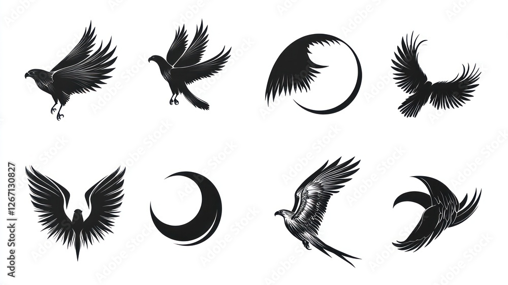 Obraz premium Eagle silhouettes, various poses, flight, white background, design elements