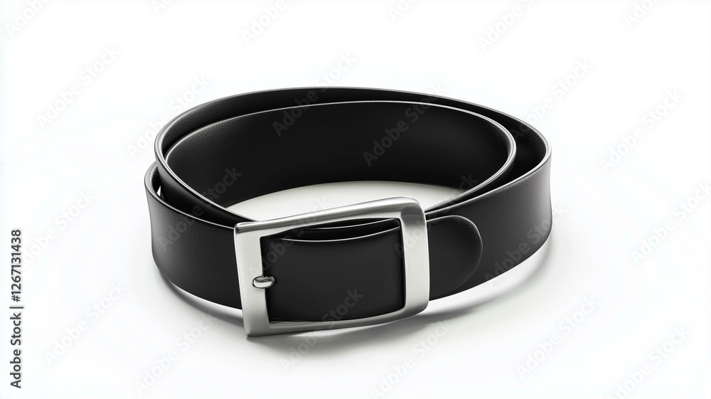 Ultra-realistic image of a black leather belt with a silver buckle, isolated on a white background
Ultra-realistic image of a black leather belt with a silver buckle, isolated on a white background