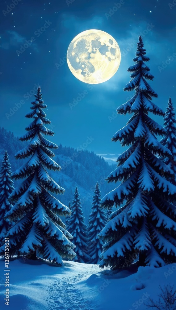 Fototapeta premium Frosty pine trees towering high under full moon light, landscape, night, peaceful
