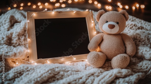Cozy Pregnancy Announcement with Teddy Bear and Blank Chalkboard on Knitted Blanket