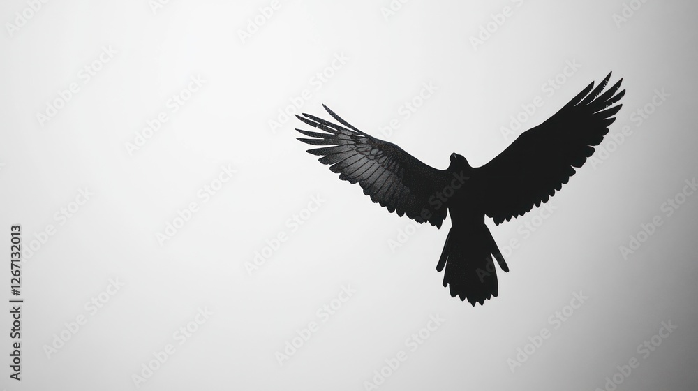 Obraz premium Raven flying in a clear, bright sky, soaring freely. Use for wildlife, nature, freedom or bird watching