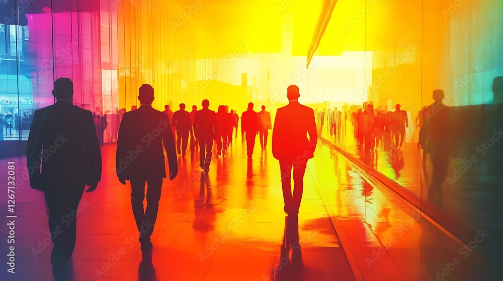 Vibrant City Walk: Silhouettes of People in a Colorful Urban Setting Vibrant City Walk: Silhouettes of People in a Colorful Urban Setting