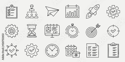 Management set of web icons in linear style. Project management icons for web and mobile app. Business, organisation management, planning, project, startup, marketing, teamwork. Vector illustration