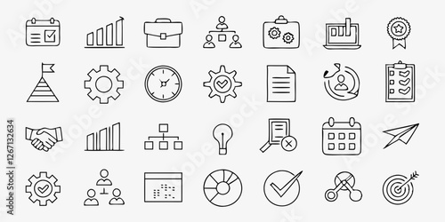 Management set of web icons in linear style. Project management icons for web and mobile app. Business, organisation management, planning, project, startup, marketing, teamwork. Vector illustration