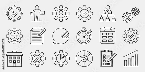 Management set of web icons in linear style. Project management icons for web and mobile app. Business, organisation management, planning, project, startup, marketing, teamwork. Vector illustration
