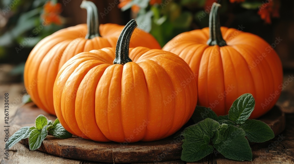 Three vibrant orange pumpkins resting on a wooden surface surrounded by fresh mint leaves and greenery