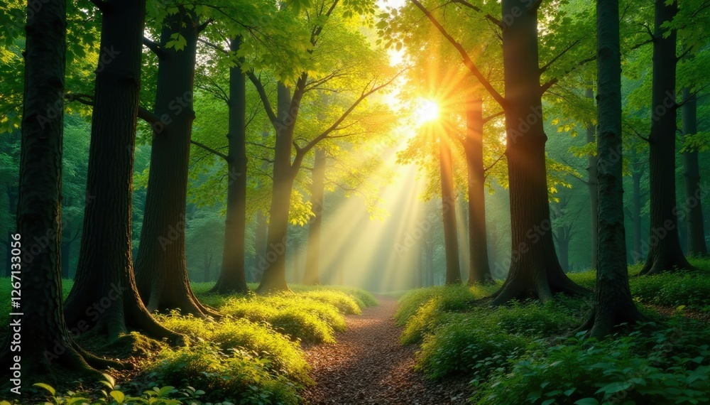 Fototapeta premium Forest canopy bathed in warm sunlight filtering through the trees, leaves, forest, landscape