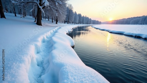 Footprints in the snow near the frozen river Volga with icicles hanging down, river, volga