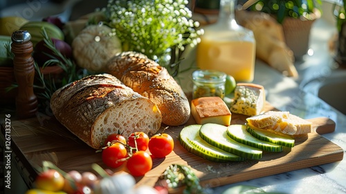 room who is bread, cucumber, cheese, tomatoes and fresh juice on the table 