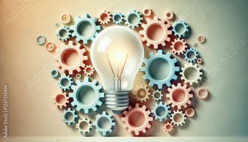 A glowing light bulb surrounded by interlocking gears symbolizing innovation and business life. photo