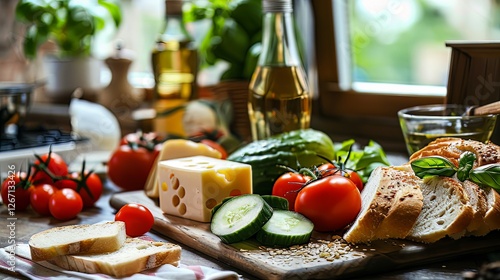 room who is bread, cucumber, cheese, tomatoes and fresh juice on the table 