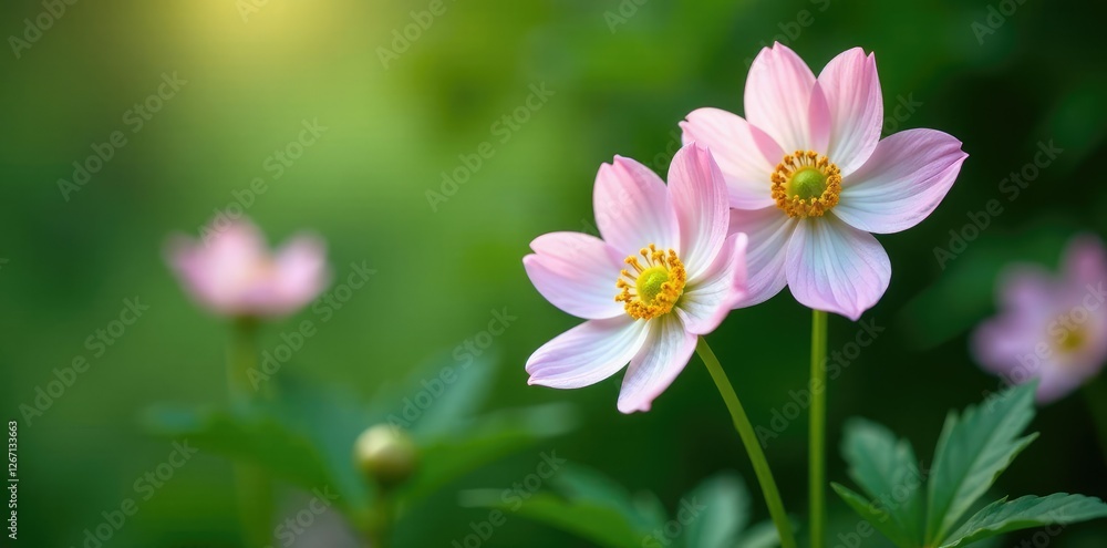 Delicate white pink anemone flowers blooming on a lush green stem, botanicals, floral arrangements, greenery Delicate white pink anemone flowers blooming on a lush green stem, botanicals, floral arrangements, greenery