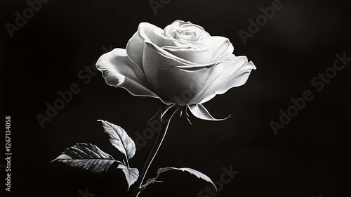 Single White Rose with Stem and Leaves Against a Black Background