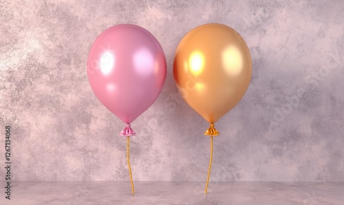 Two vibrant balloons, one pink and one gold, positioned against a textured background, creating a festive atmosphere photo