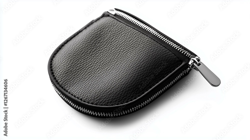 Photorealistic image of a black leather coin pouch with a zipper closure, isolated on a white background
Photorealistic image of a black leather coin pouch with a zipper closure, isolated on a white background