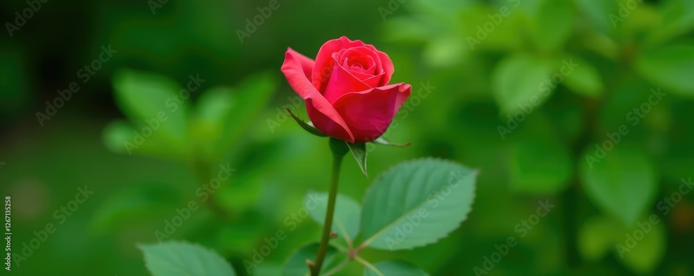 A single, long-stemmed rose rests against a lush green leaf on a garden plant, greenery, natural A single, long-stemmed rose rests against a lush green leaf on a garden plant, greenery, natural