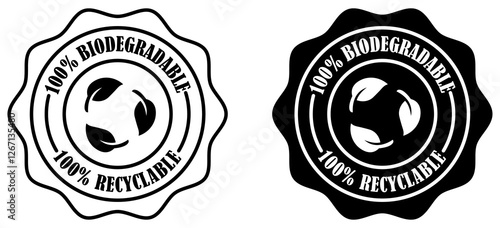 100 biodegradable product insignia for packaging. Compostable eco safe recyclable stamp. Eco friendly biodegradable certification badge. 100 percent recyclable eco label. Vector illustration
