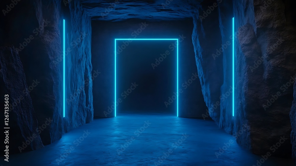 Obraz premium Neon blue light illuminates a doorway in a dark cave.