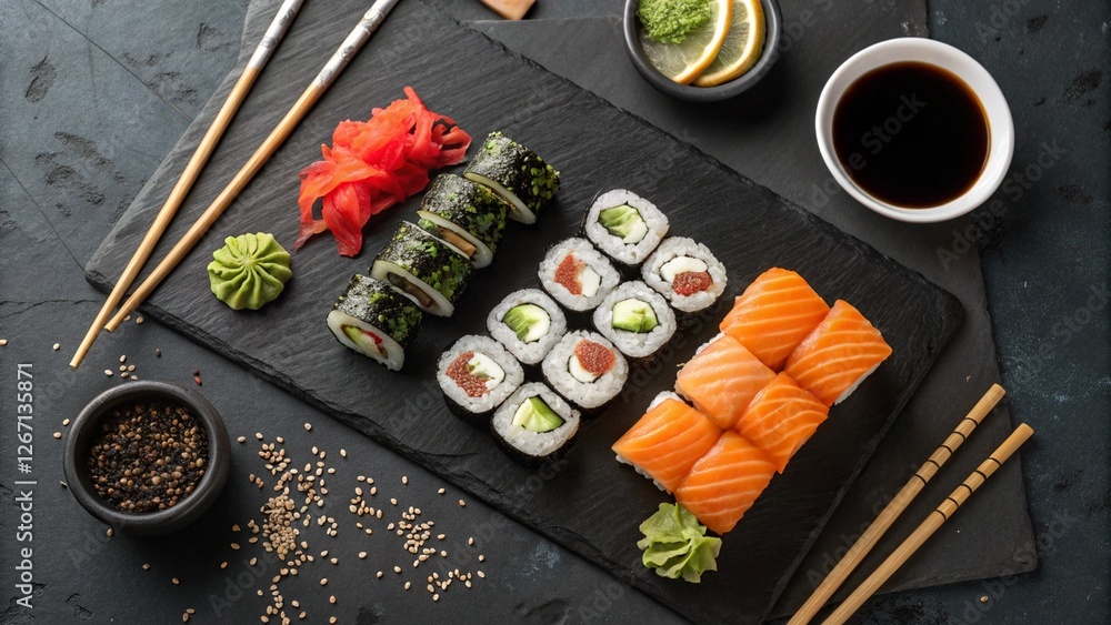 Top-down view of a sushi platter with fresh sashimi, maki rolls, black sesame, soy sauce, wasabi, and chopsticks on a black slate plate. Vibrant colors, ultra-detailed, photorealistic 8K. Top-down view of a sushi platter with fresh sashimi, maki rolls, black sesame, soy sauce, wasabi, and chopsticks on a black slate plate. Vibrant colors, ultra-detailed, photorealistic 8K.