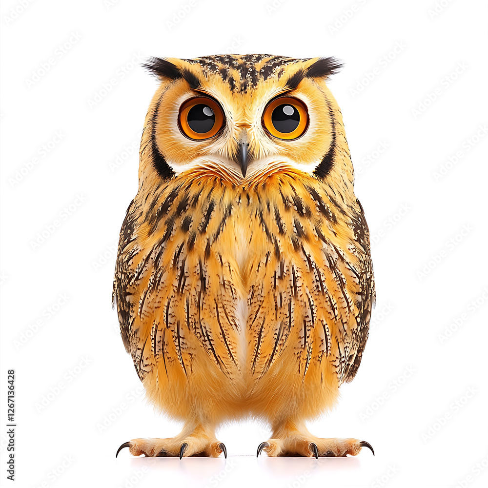 Obraz premium A fluffy owl with bright orange eyes and intricate brown and gold plumage stands against a crisp white background.