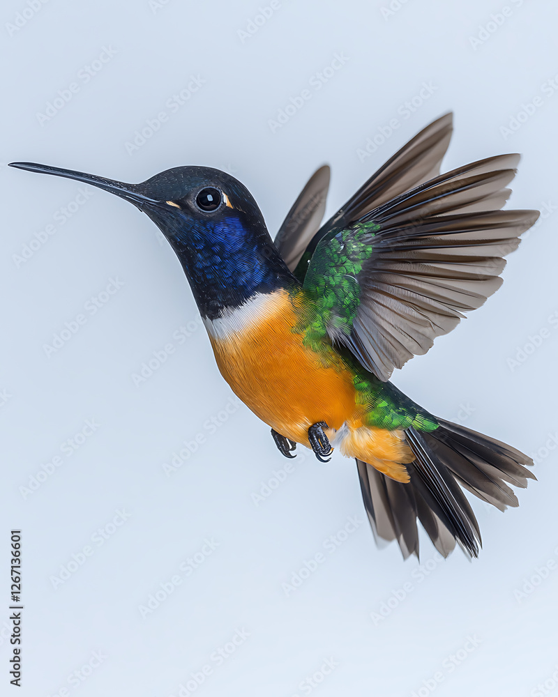 Fototapeta premium Colorful hummingbird mid-flight, showcasing vibrant blue, green, and orange plumage against a soft, muted backdrop.