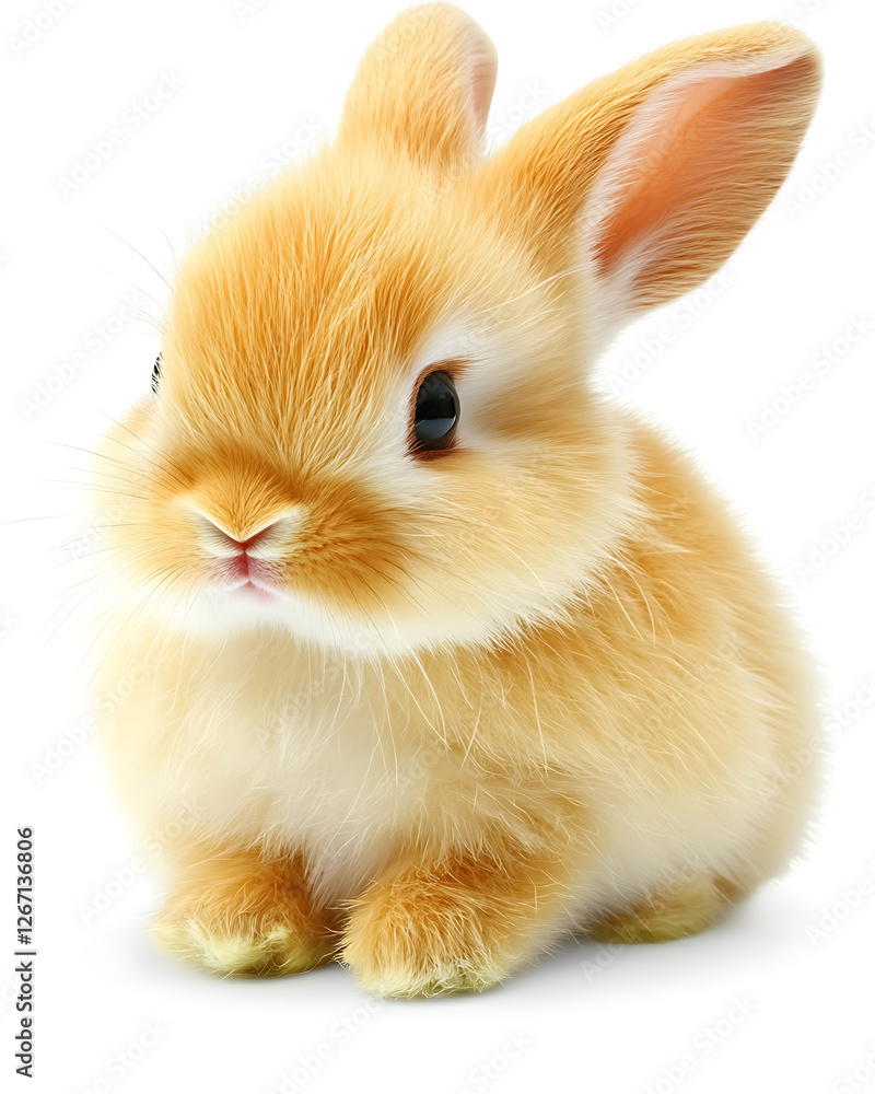 A fluffy, light brown bunny with big ears sits alert, its dark eyes gazing forward against a stark white background. A fluffy, light brown bunny with big ears sits alert, its dark eyes gazing forward against a stark white background.