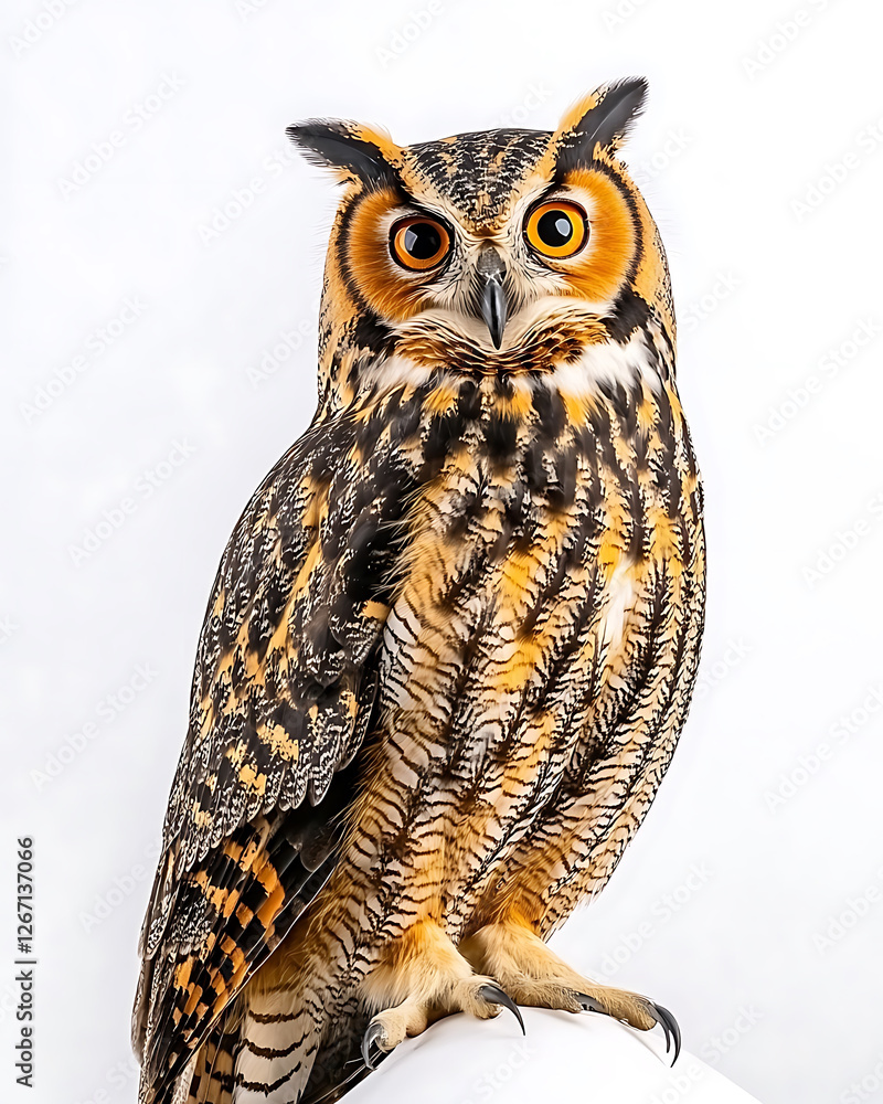 Fototapeta premium Striking portrait of a great horned owl with mesmerizing orange eyes and intricate feather patterns against a bright, clean background.