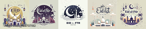 vector image of congratulations on Eid al-Fitr with a picture of a mosque