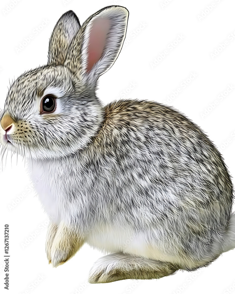Obraz premium A detailed illustration of a fluffy, gray-and-white bunny with long ears, sitting against a clean, white background.