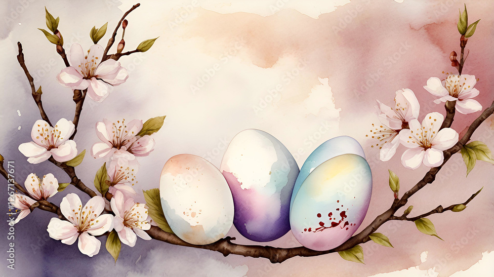 Fototapeta premium The concept of a bright Easter holiday. Delicate Easter eggs and cherry blossom branches on a pastel watercolor background with delicate streaks.