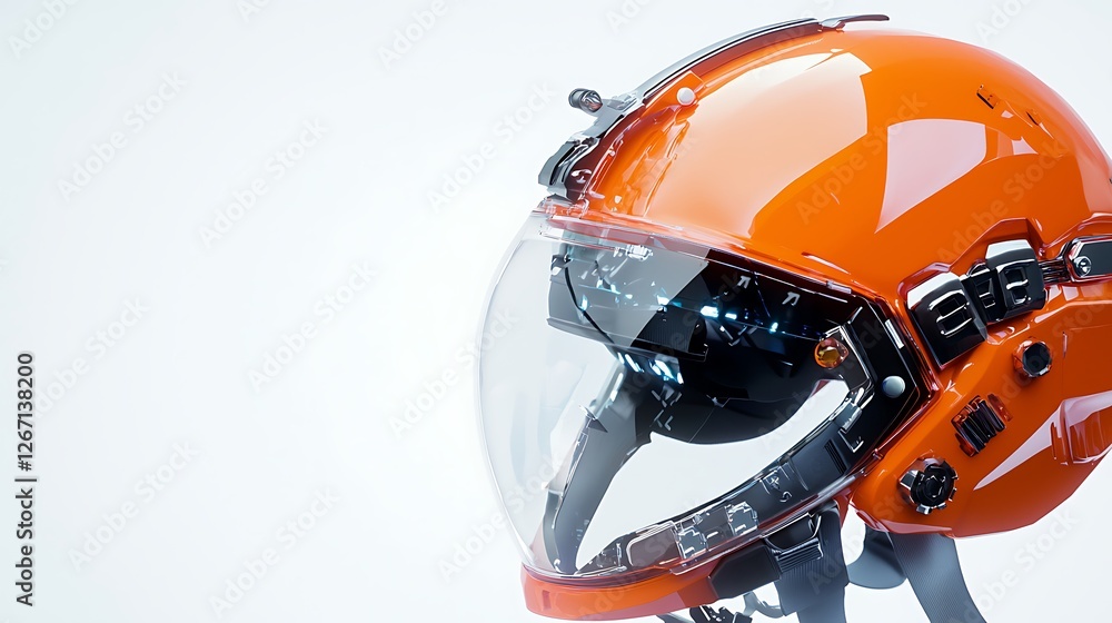 Fototapeta premium A close up of an orange helmet with a clear visor