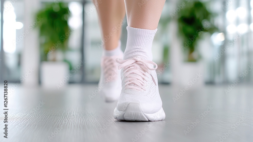 Woman's feet in white sneakers walking indoors Woman's feet in white sneakers walking indoors