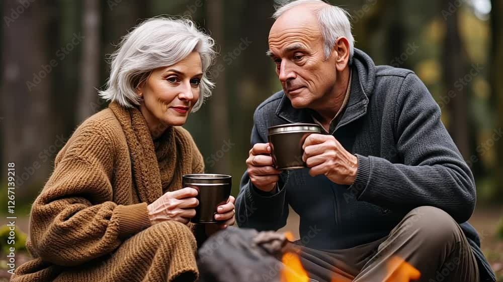 elderly couple holding steaming metal mugs, warming up next to campfire in forest elderly couple holding steaming metal mugs, warming up next to campfire in forest