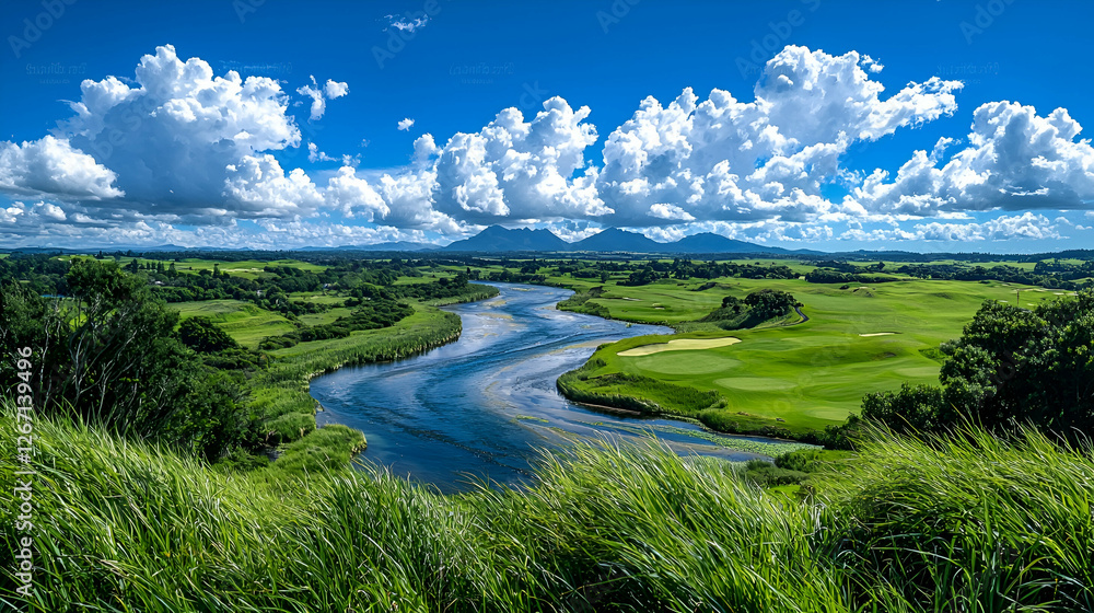Fototapeta premium Serene river meandering through golf course, mountain backdrop, summer day, travel brochure