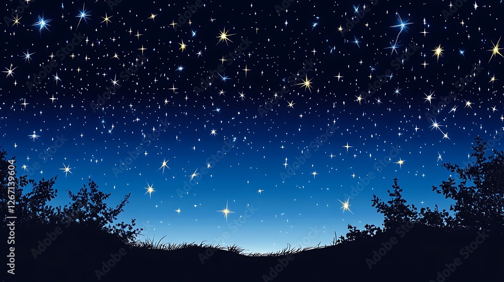 Naklejka premium Celestial Night: A Serene Starry Sky Over Silhouetted Trees