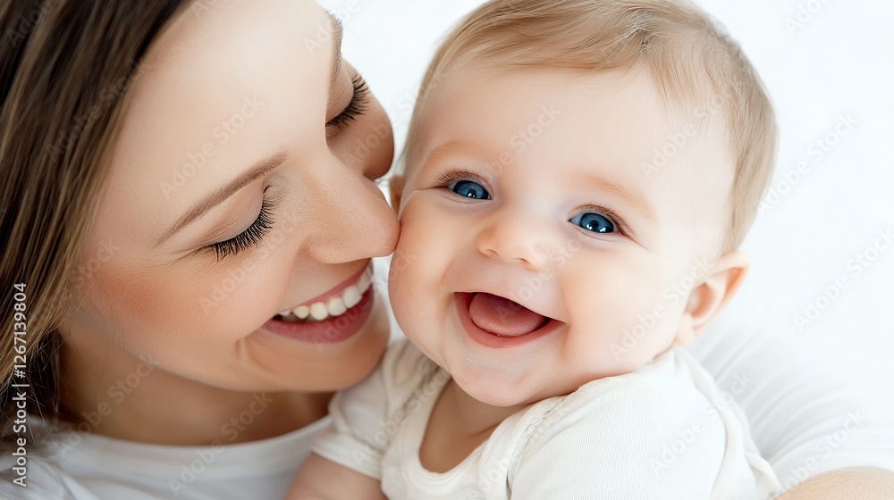 Radiant Mother Embracing Her Adorable Baby in a Heartwarming Portrait on White Background Radiant Mother Embracing Her Adorable Baby in a Heartwarming Portrait on White Background