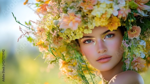 Woman with Floral Headband and Makeup in a Summer Meadow