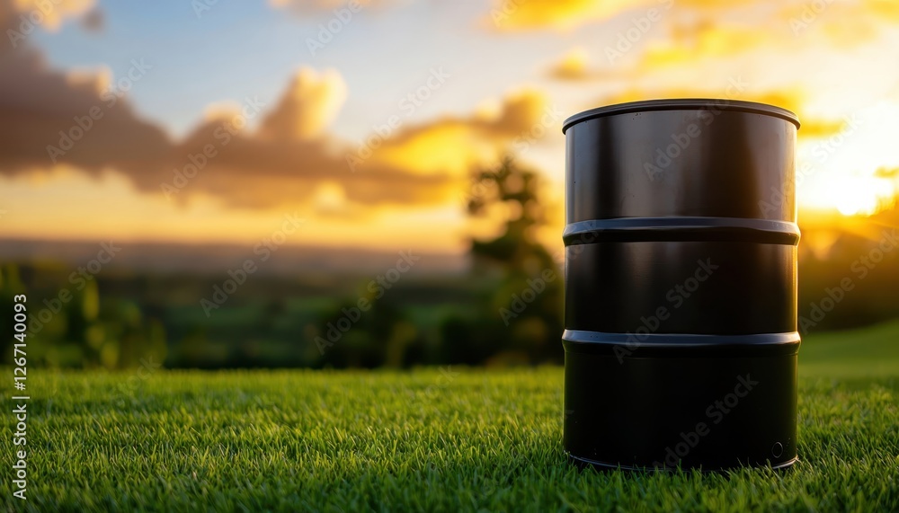 A black oil barrel sits on green grass, illuminated by a golden sunset, symbolizing environmental concerns.