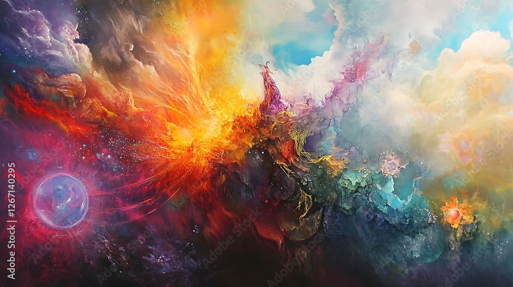 Cosmic Dance: A vibrant abstract painting of celestial nebulae, showcasing a dynamic interplay of colors and textures, evoking feelings of awe and wonder. Cosmic Dance: A vibrant abstract painting of celestial nebulae, showcasing a dynamic interplay of colors and textures, evoking feelings of awe and wonder.