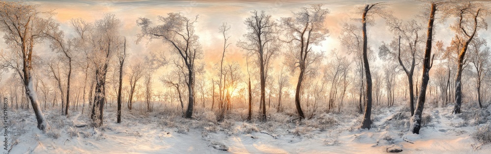 Sunrise in snowy winter forest; panoramic view Sunrise in snowy winter forest; panoramic view