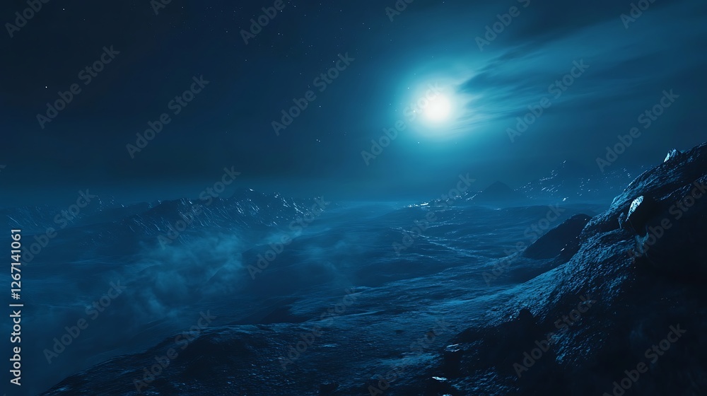 A serene, moonlit landscape showcasing a distant celestial body and rugged terrain. A serene, moonlit landscape showcasing a distant celestial body and rugged terrain.