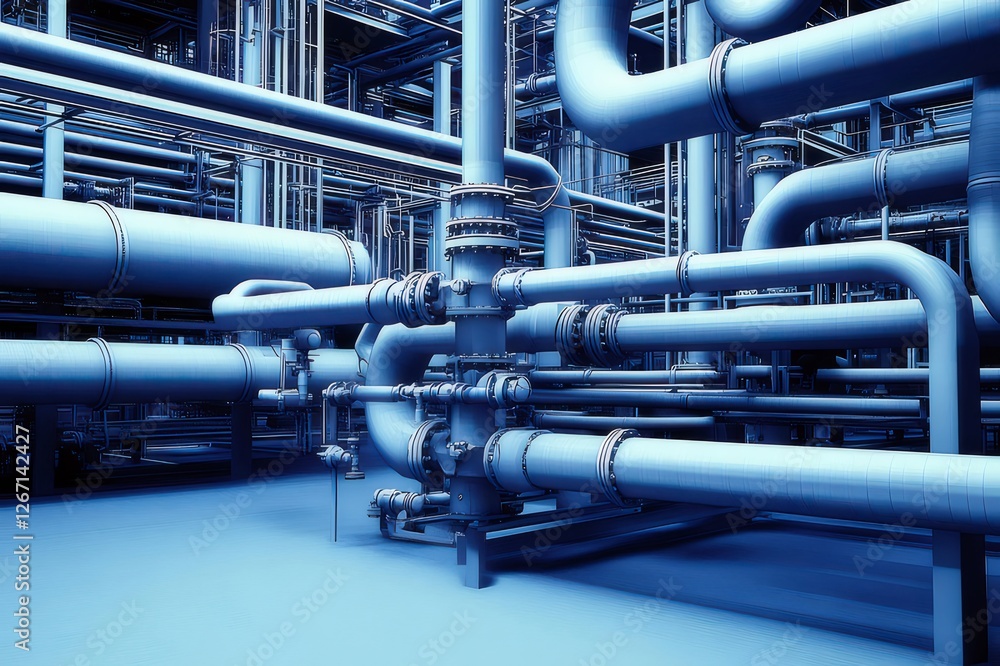 Blue Industrial Pipes Network, Plant Interior Blue Industrial Pipes Network, Plant Interior