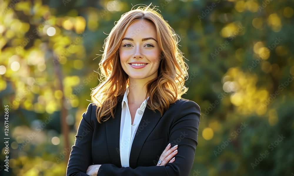 Confident Professional Woman: A radiant woman with auburn hair, wearing a black blazer, exudes confidence and success with a warm smile as she stands against a vibrant green background. Confident Professional Woman: A radiant woman with auburn hair, wearing a black blazer, exudes confidence and success with a warm smile as she stands against a vibrant green background.