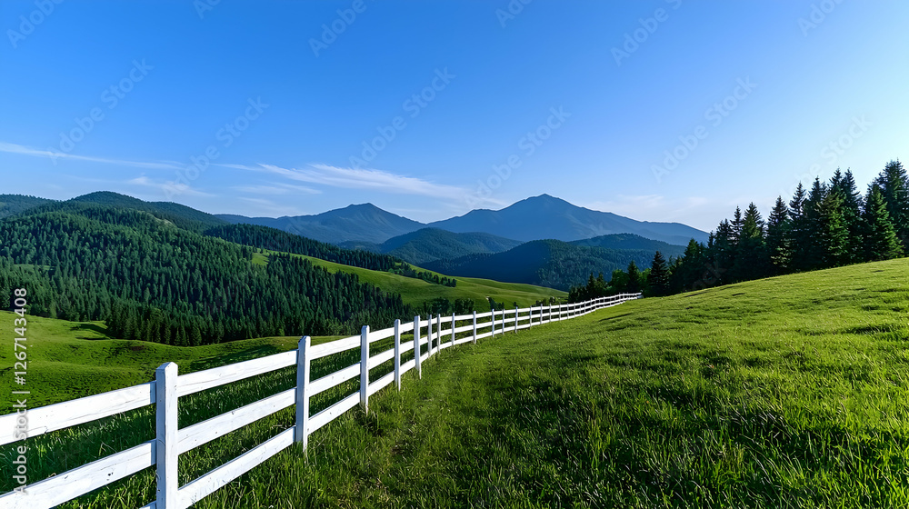 Rustic Countryside Landscape With White Wooden Fence And Green Meadow Rustic Countryside Landscape With White Wooden Fence And Green Meadow