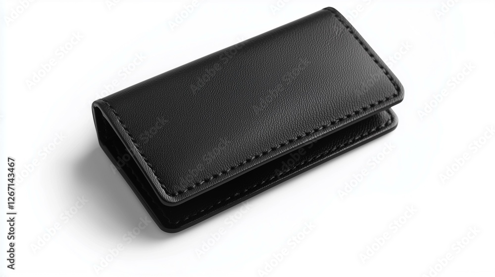 Photorealistic image of a black leather business card holder with a magnetic closure, isolated on a white background
Photorealistic image of a black leather business card holder with a magnetic closure, isolated on a white background