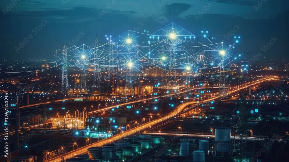 Nighttime Cityscape with Industrial Infrastructure and Network Connections Illuminated in Upscale Urban Environment Nighttime Cityscape with Industrial Infrastructure and Network Connections Illuminated in Upscale Urban Environment