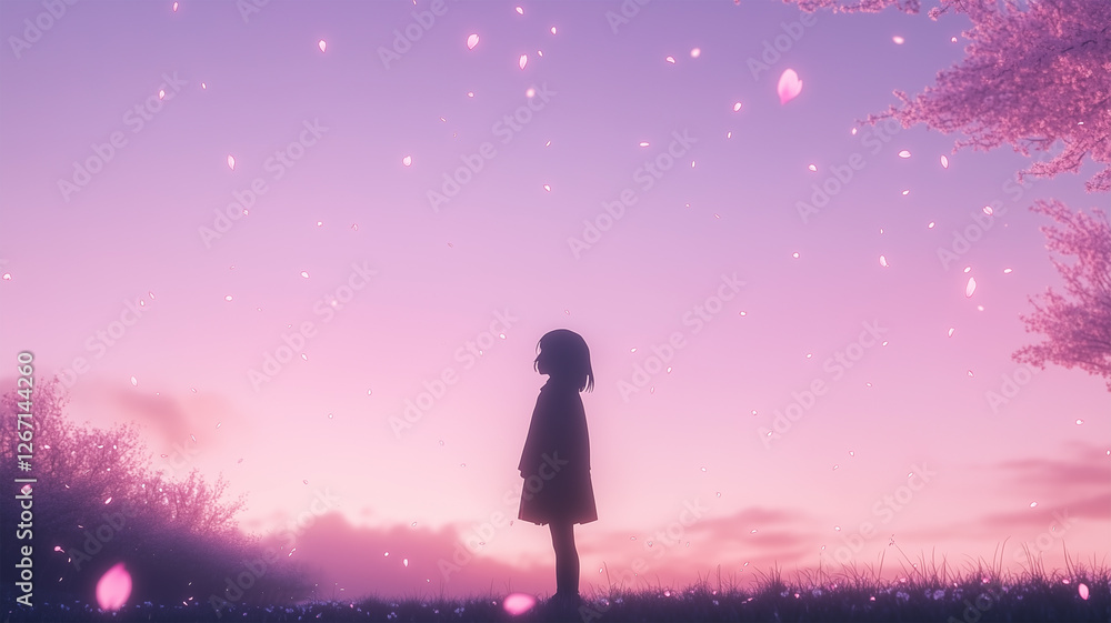 Obraz premium 桜の花びらが舞う中、空を見上げる小学生のシルエット