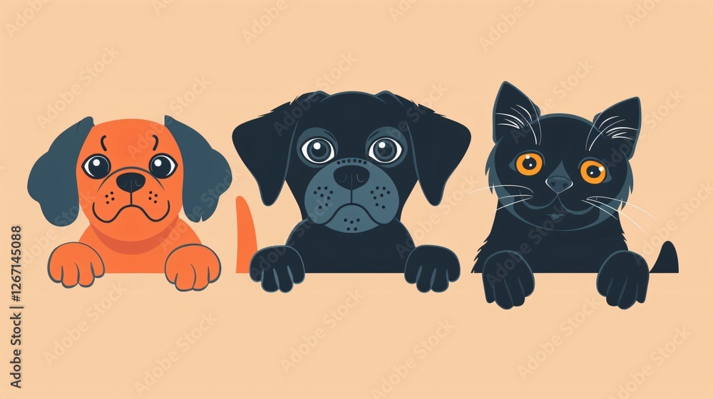 Fototapeta premium Pets Dog and Cats Flat Vector Illustration Set